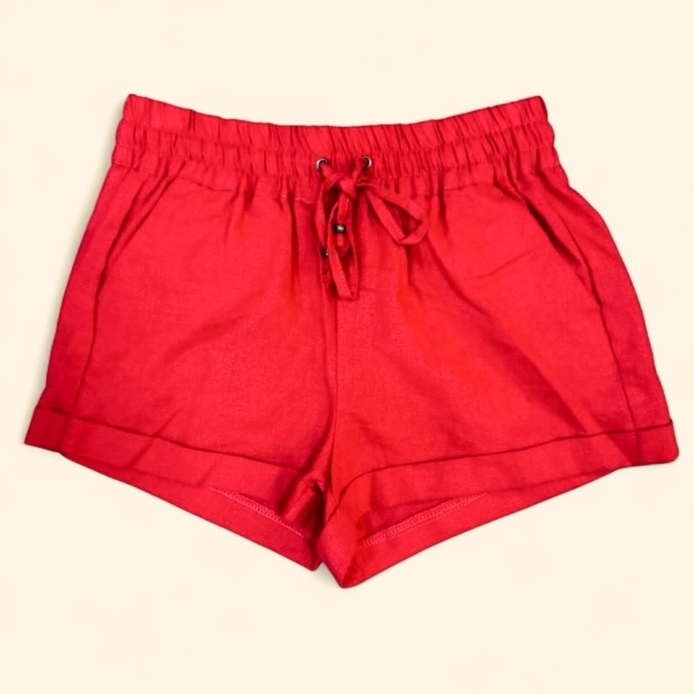 Love Tree Red High-Waist Drawstring Linen Shorts - Picture 4 of 7